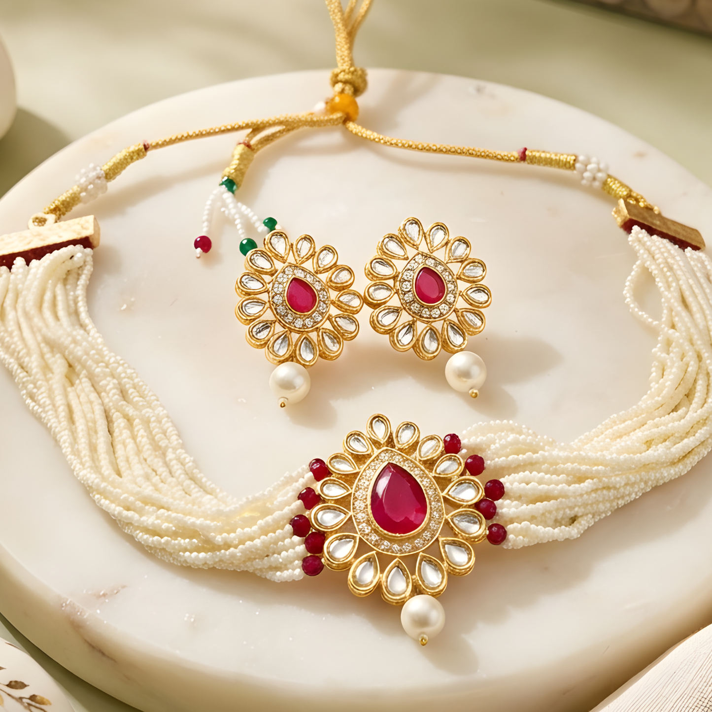 Red Kundan Pearl Choker Necklace With Earrings
