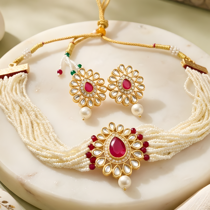Red Kundan Pearl Choker Necklace With Earrings