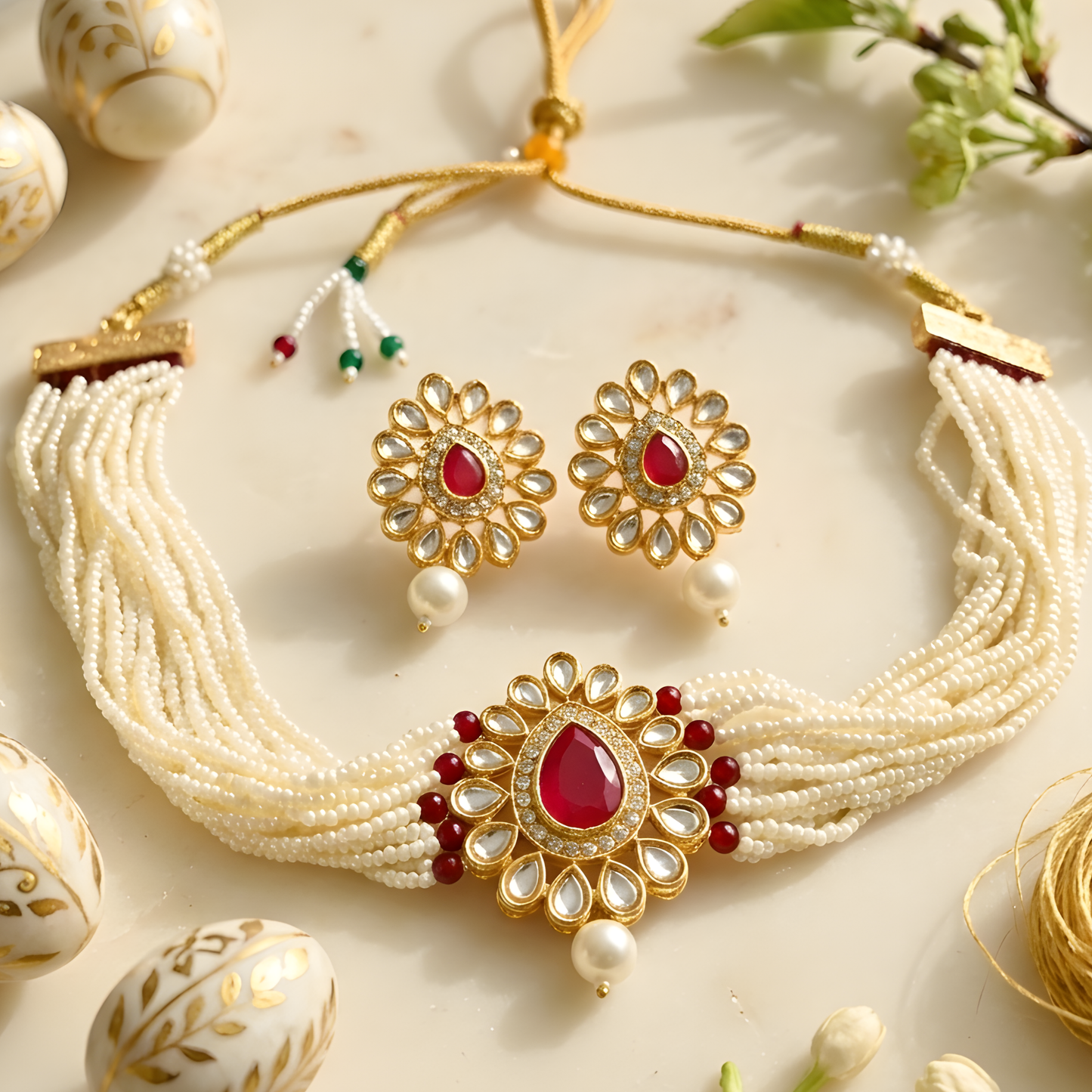 Red Kundan Pearl Choker Necklace With Earrings