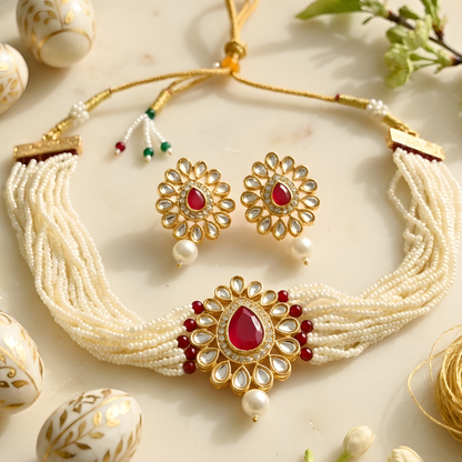 Red Kundan Pearl Choker Necklace With Earrings