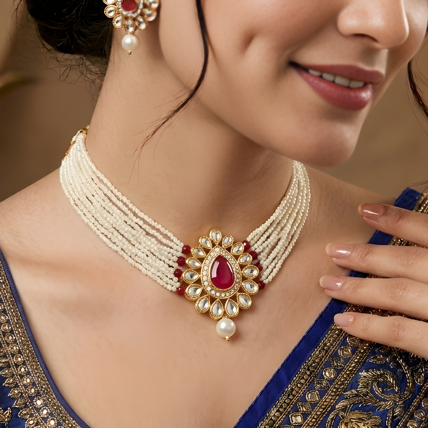 Red Kundan Pearl Choker Necklace With Earrings
