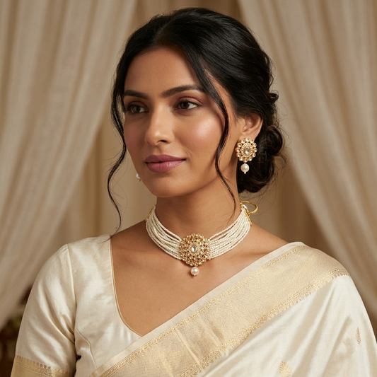 Pearl Kundan Choker Necklace Set
