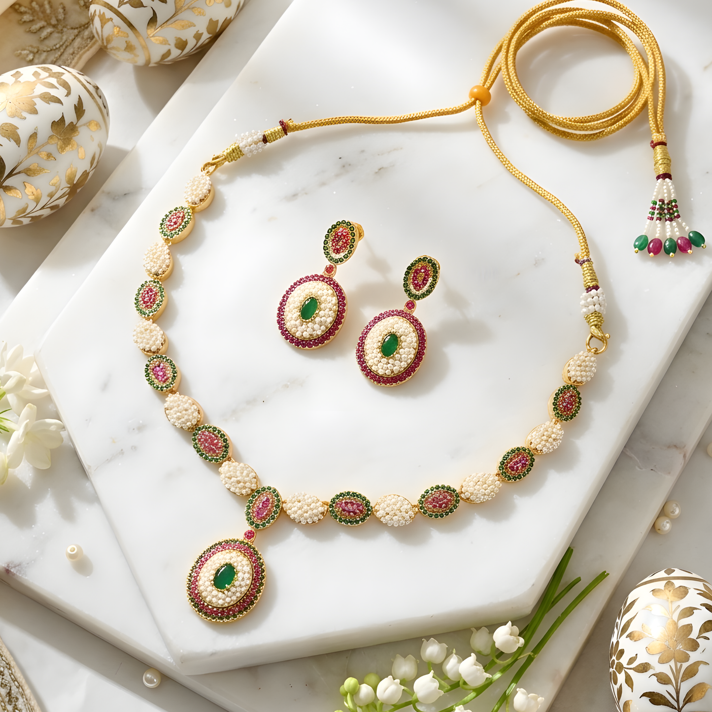 Pearl Kundan Choker Necklace Set with Earrings