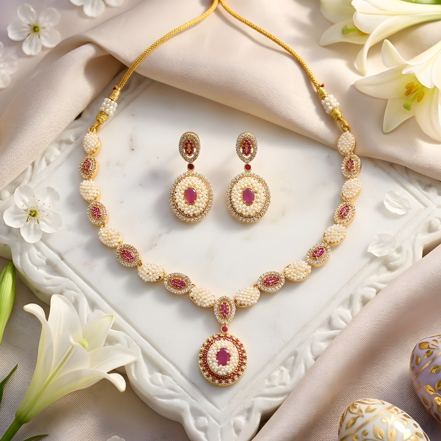 Pearl Kundan Choker Necklace Set with Earrings
