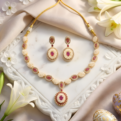 Pearl Kundan Choker Necklace Set with Earrings