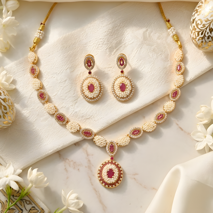 Pearl Kundan Choker Necklace Set with Earrings