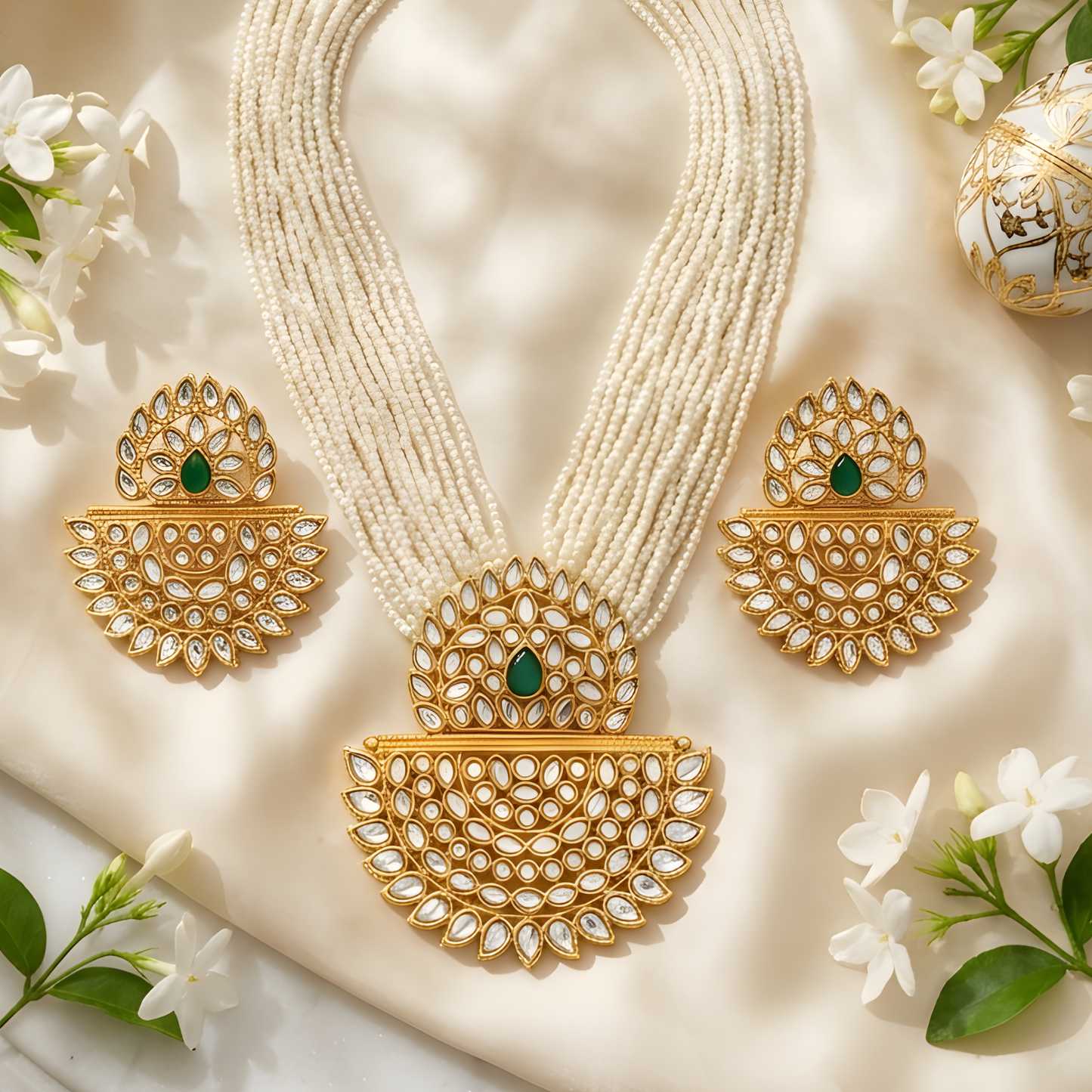 Multi-Layer Pearl Kundan Necklace With Earrings