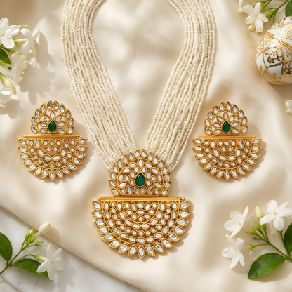 Multi-Layer Pearl Kundan Necklace With Earrings