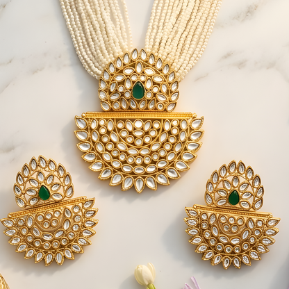 Multi-Layer Pearl Kundan Necklace With Earrings