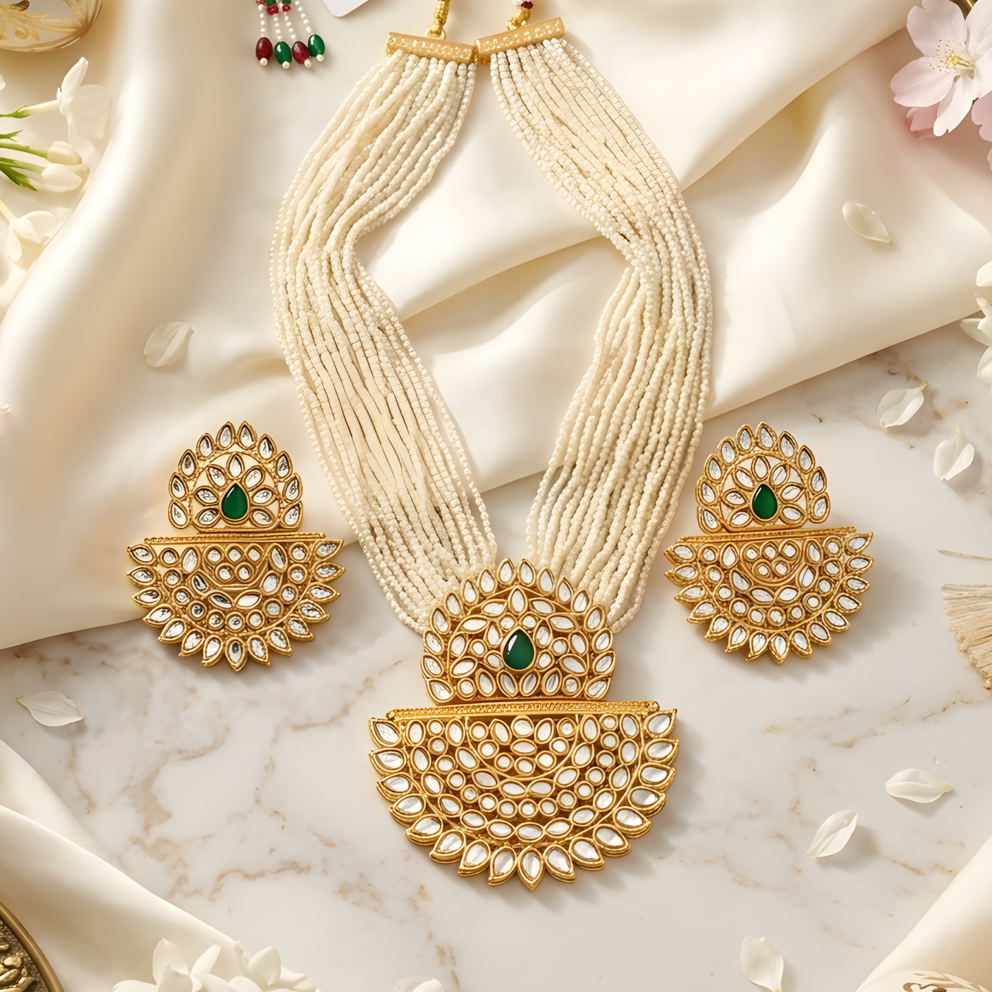 Multi-Layer Pearl Kundan Necklace With Earrings