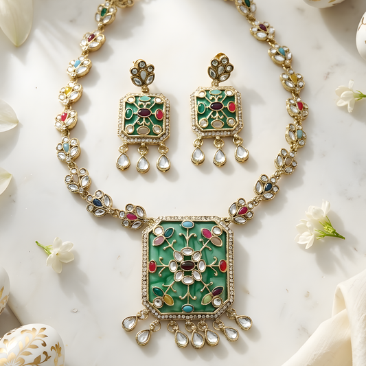 Green Kundan Polki Choker Necklace Set with Earrings