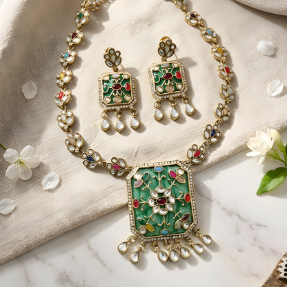 Green Kundan Polki Choker Necklace Set with Earrings