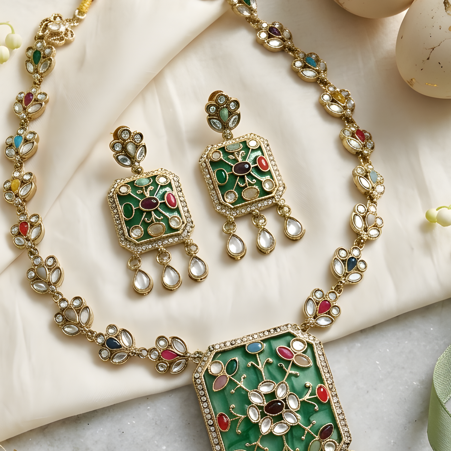 Green Kundan Polki Choker Necklace Set with Earrings