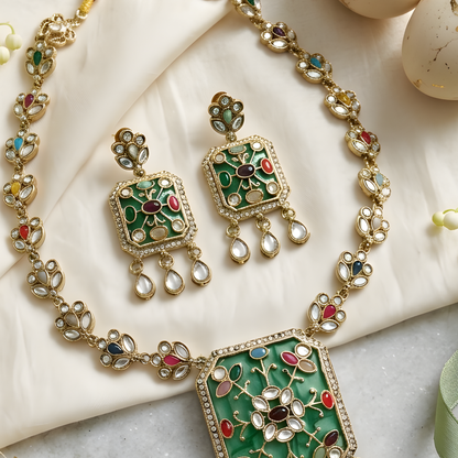 Green Kundan Polki Choker Necklace Set with Earrings