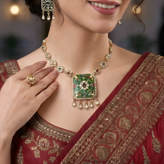 Green Kundan Polki Choker Necklace Set with Earrings