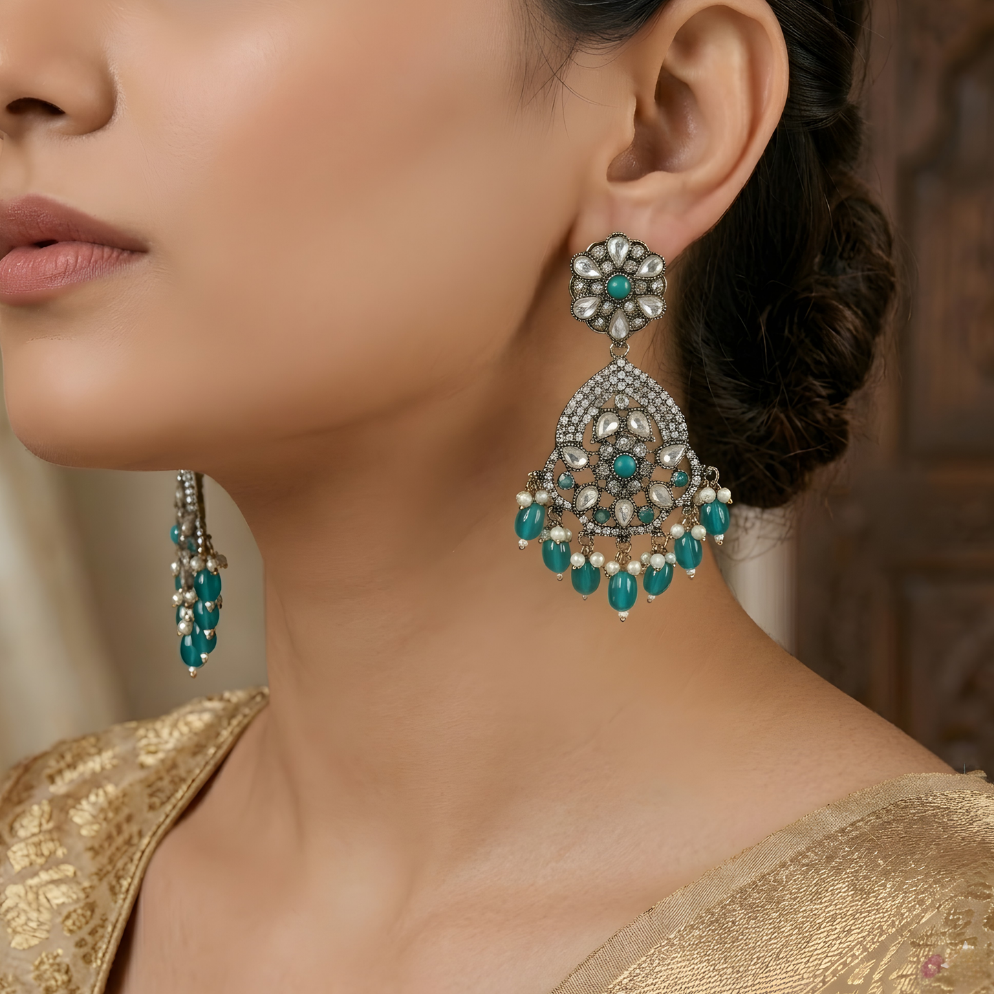 Teal Drop Chandbali Earrings