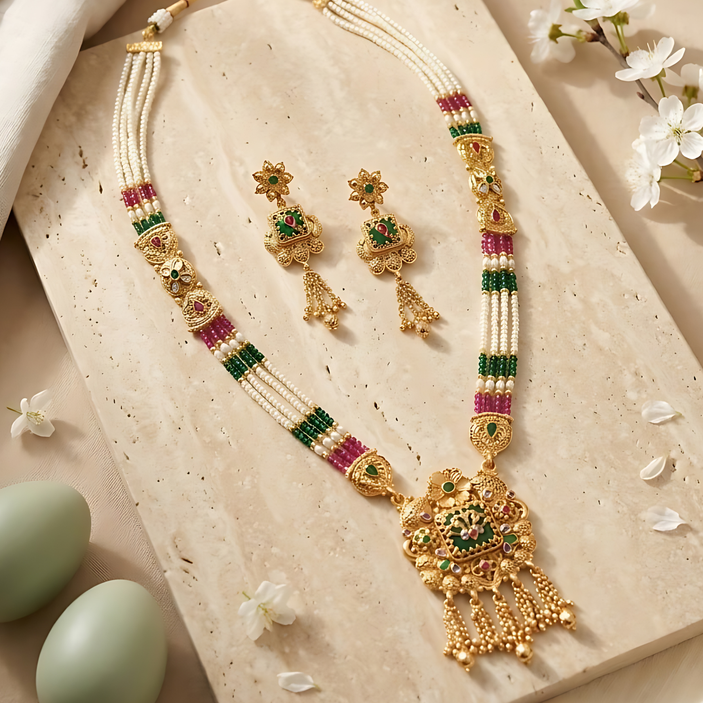 Multicolor Beaded Rani Haar With Earrings