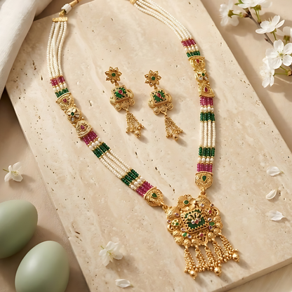 Multicolor Beaded Rani Haar With Earrings