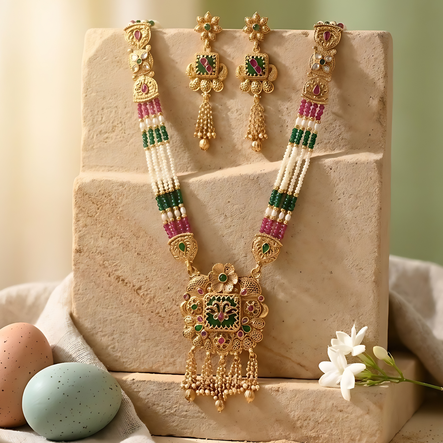 Multicolor Beaded Rani Haar With Earrings