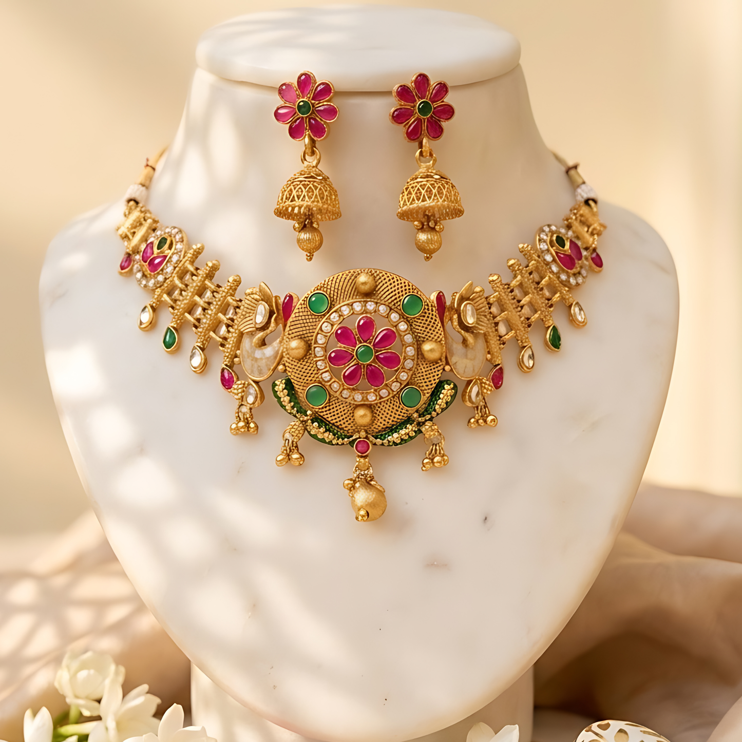 Floral Temple Necklace Set with Jhumka Earrings