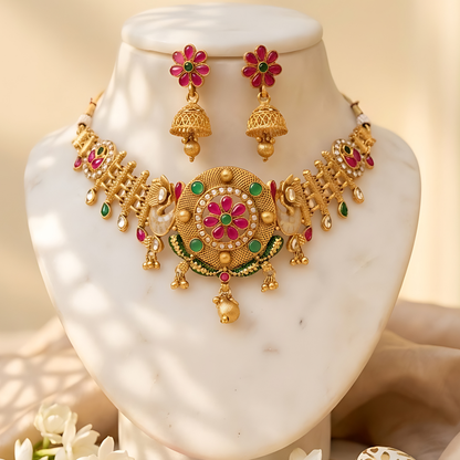 Floral Temple Necklace Set with Jhumka Earrings