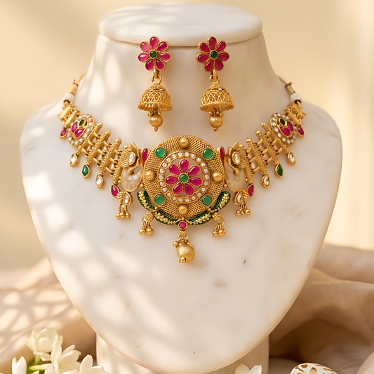 Floral Temple Necklace Set with Jhumka Earrings
