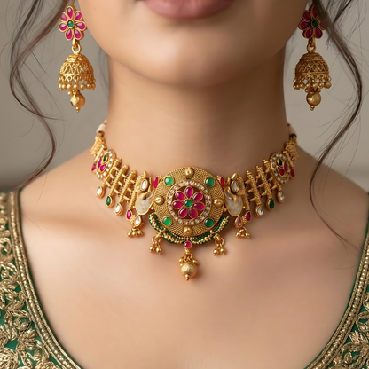 Floral Temple Necklace Set with Jhumka Earrings