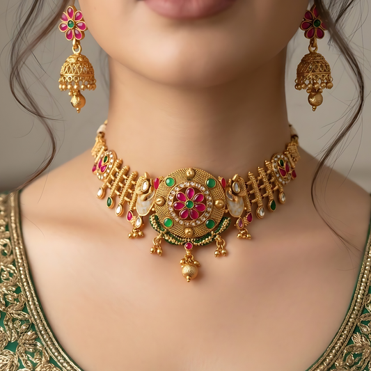 Floral Temple Necklace Set with Jhumka Earrings