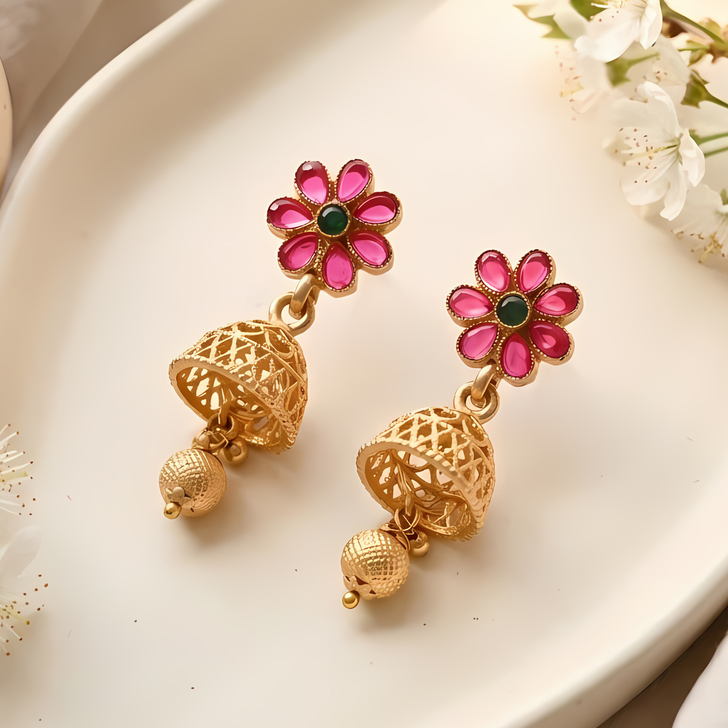 Floral Temple Necklace Set with Jhumka Earrings