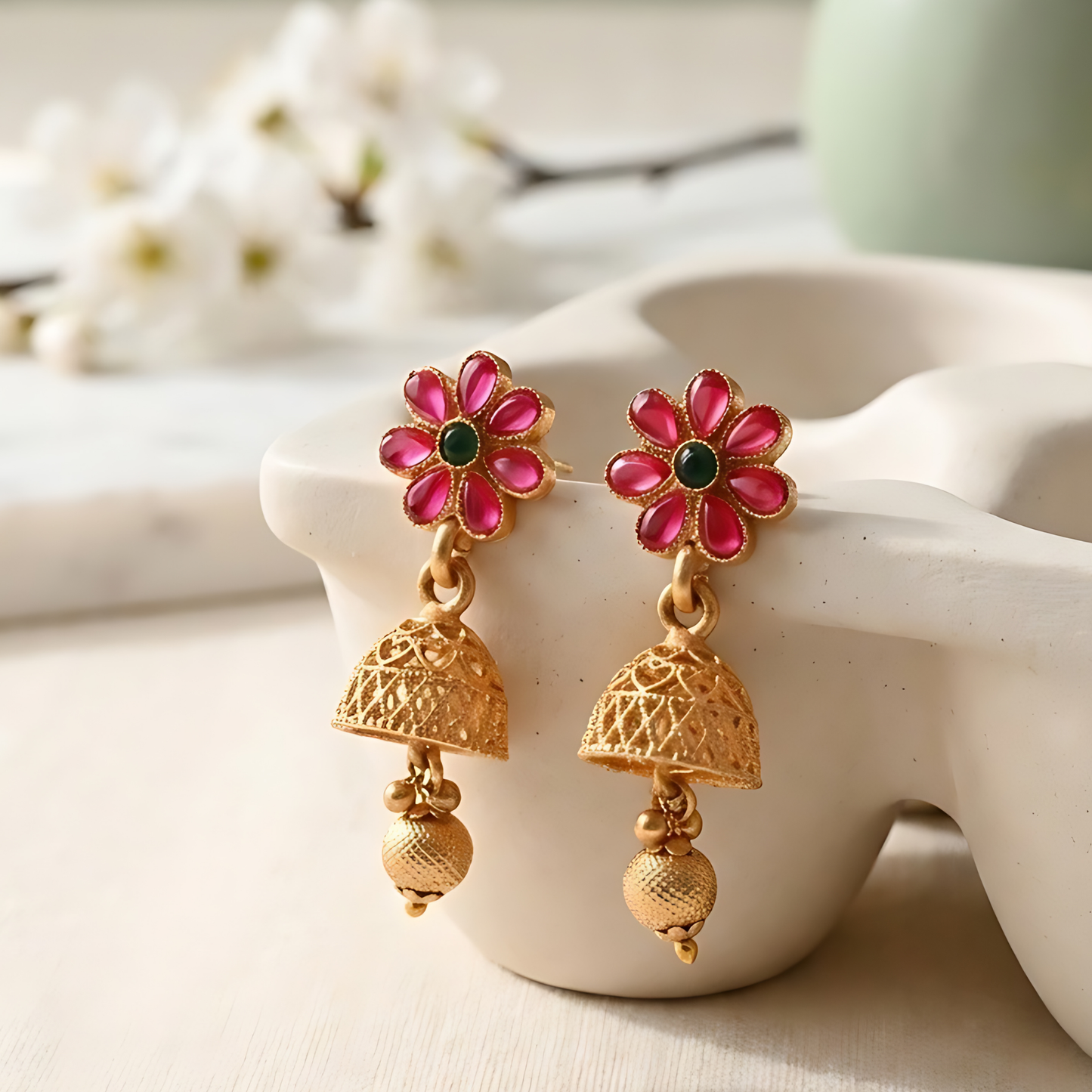 Floral Temple Necklace Set with Jhumka Earrings
