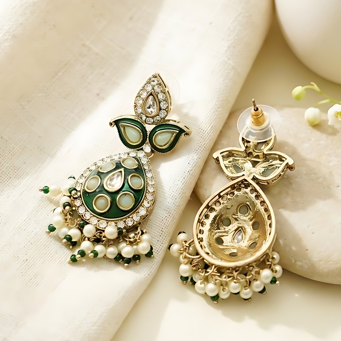 Green Meenakari Kundan Polki Earrings