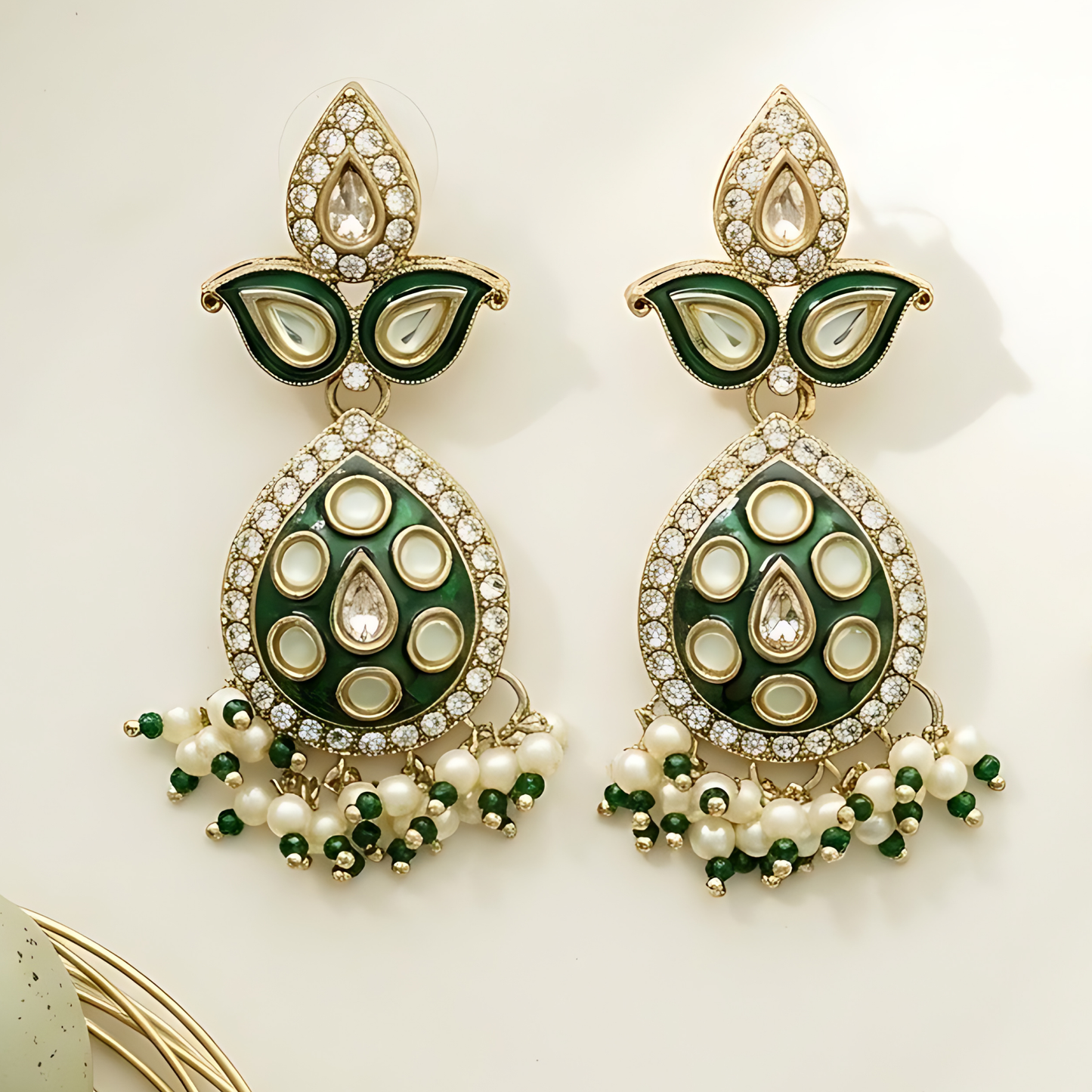 Green Meenakari Kundan Polki Earrings