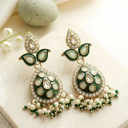Green Meenakari Kundan Polki Earrings