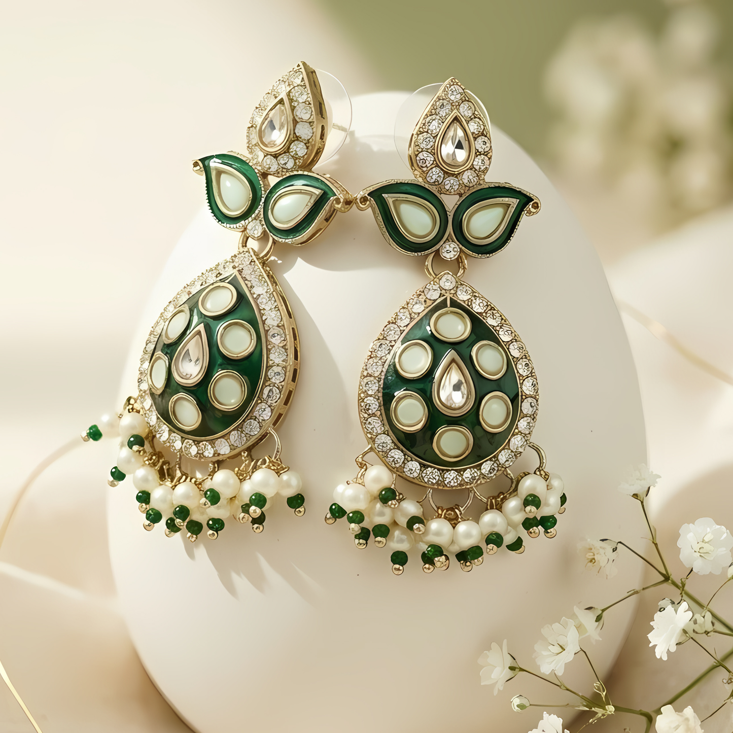 Green Meenakari Kundan Polki Earrings