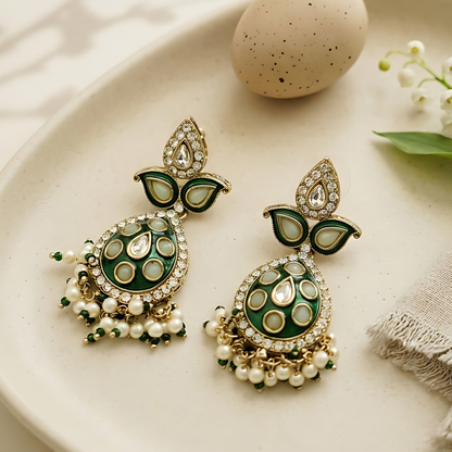 Green Meenakari Kundan Polki Earrings