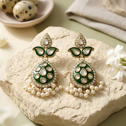 Green Meenakari Kundan Polki Earrings