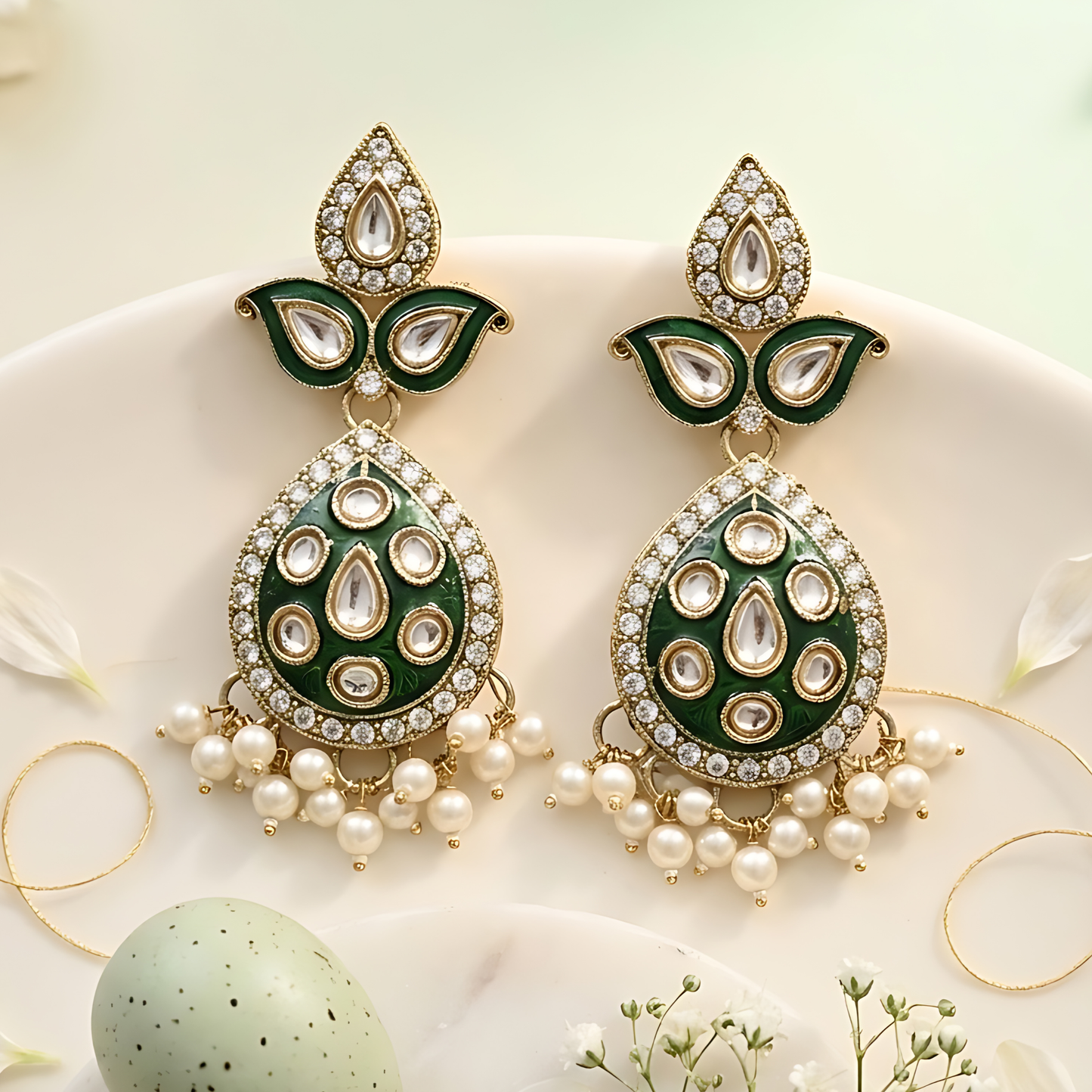 Green Meenakari Kundan Polki Earrings