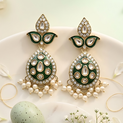 Green Meenakari Kundan Polki Earrings