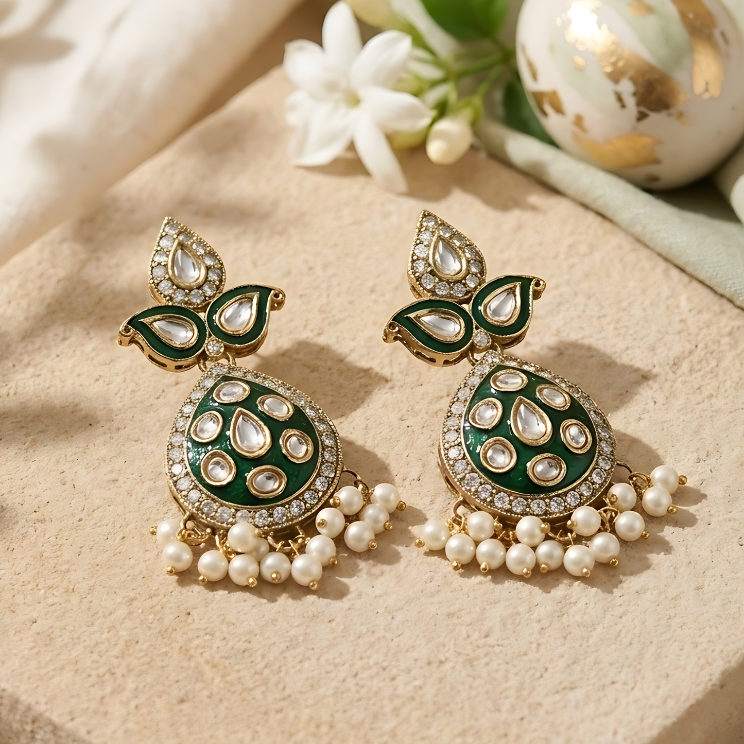 Green Meenakari Kundan Polki Earrings