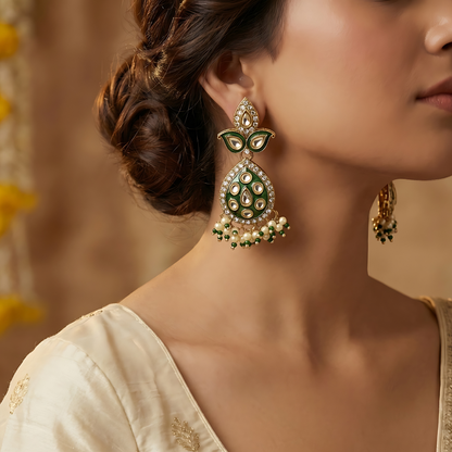 Green Meenakari Kundan Polki Earrings