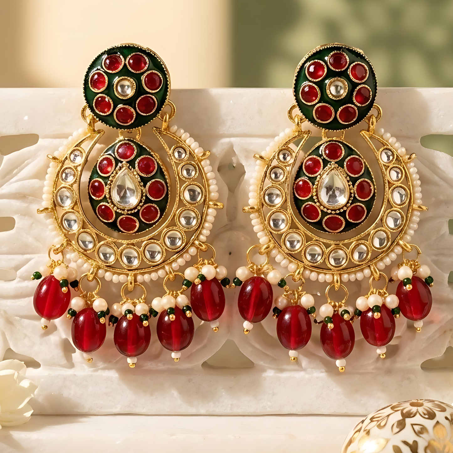 Ruby Pink Meenakari Chandbali Earrings
