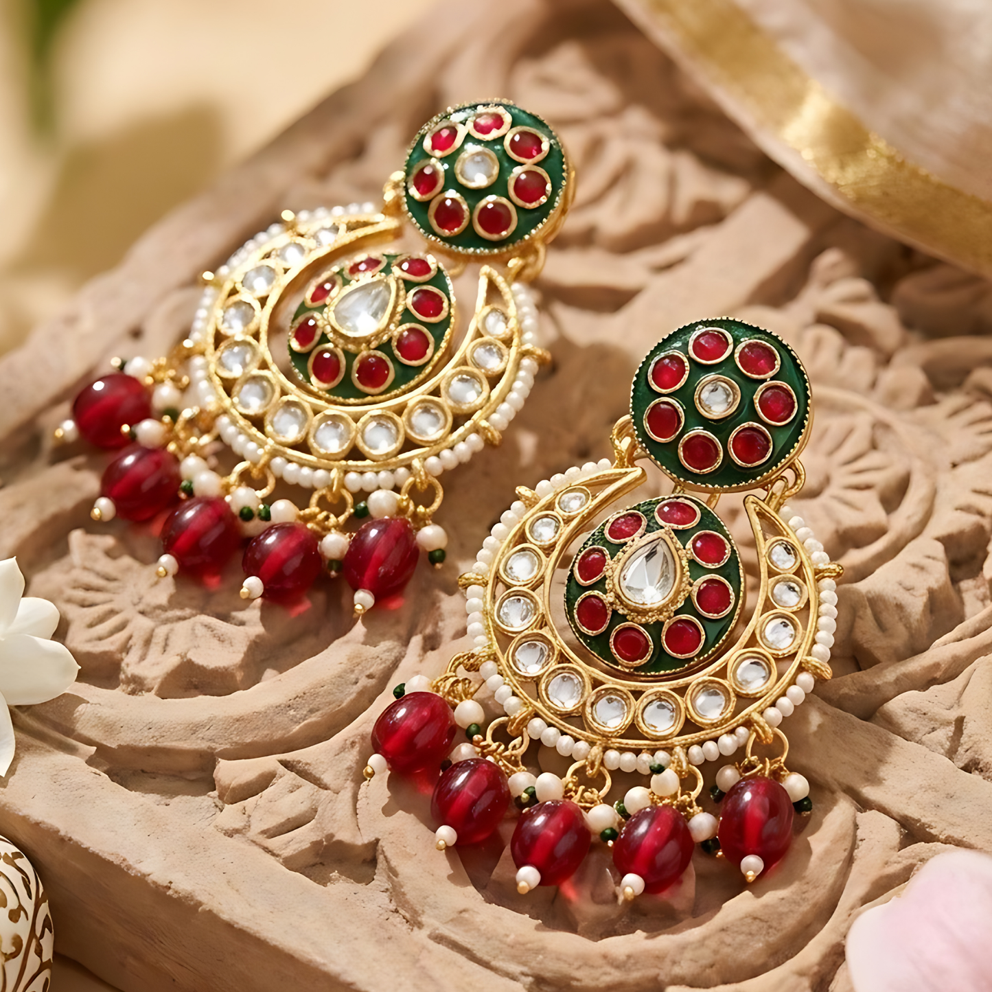 Ruby Pink Meenakari Chandbali Earrings