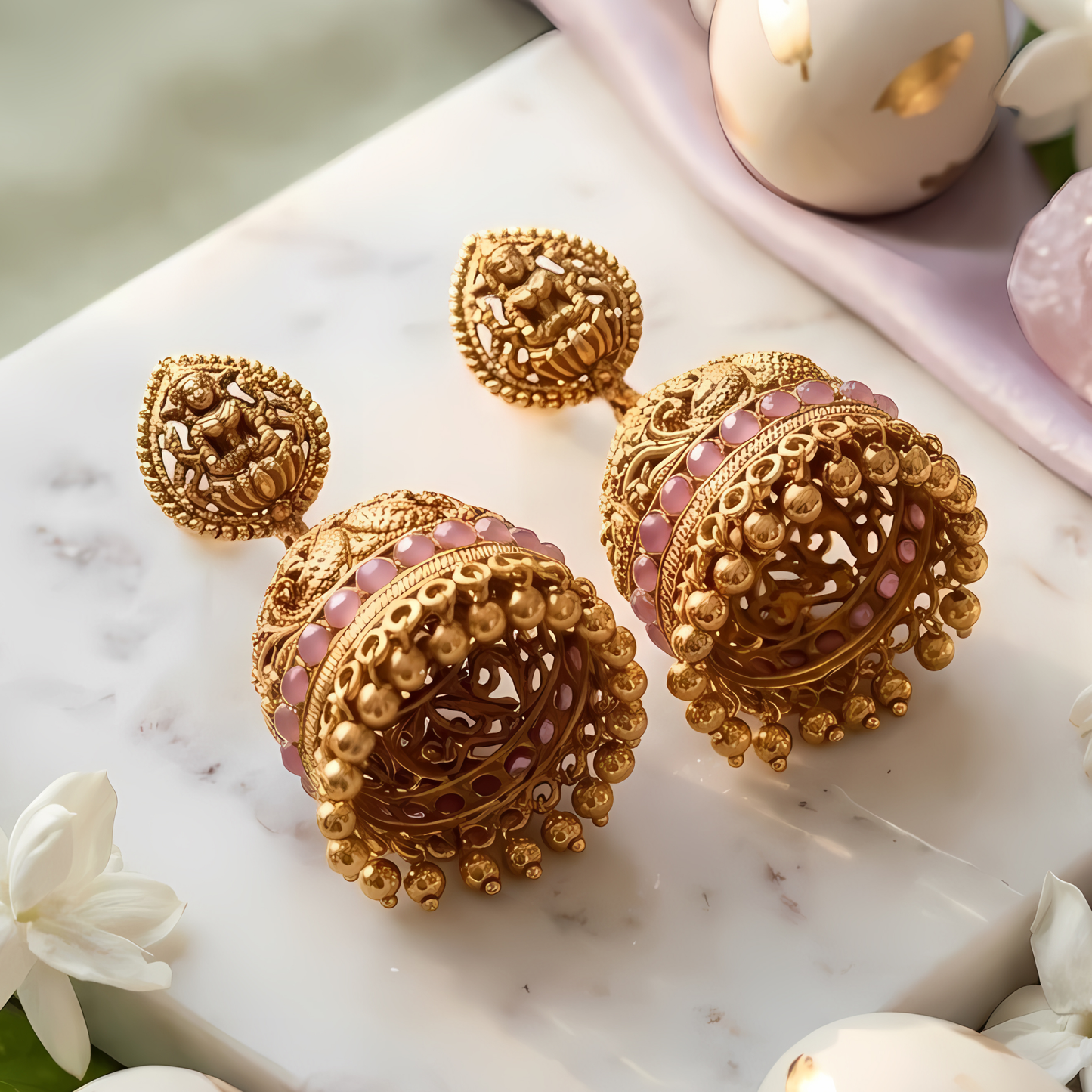Temple-Style Gold Jhumka Earrings