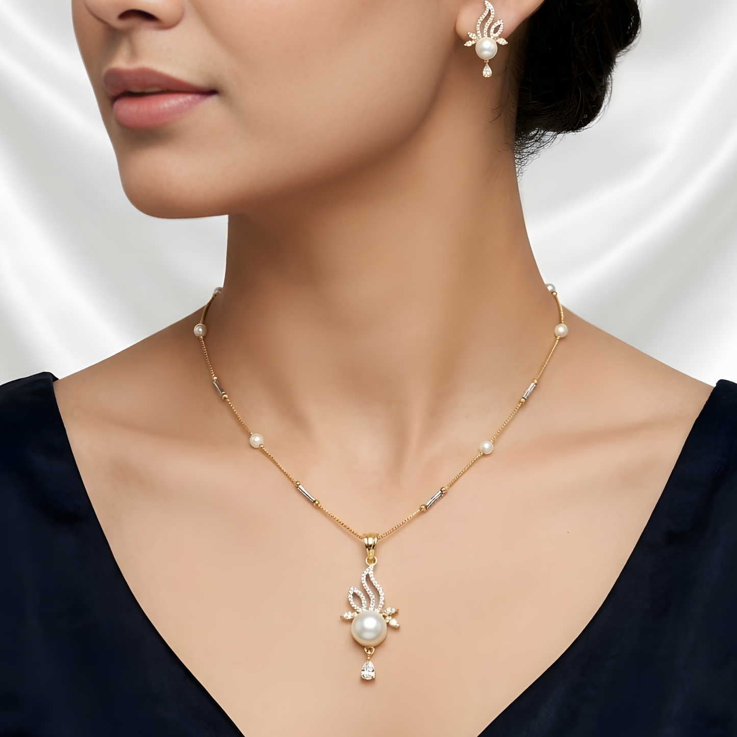AD Pearl Pendant Necklace Set for Women