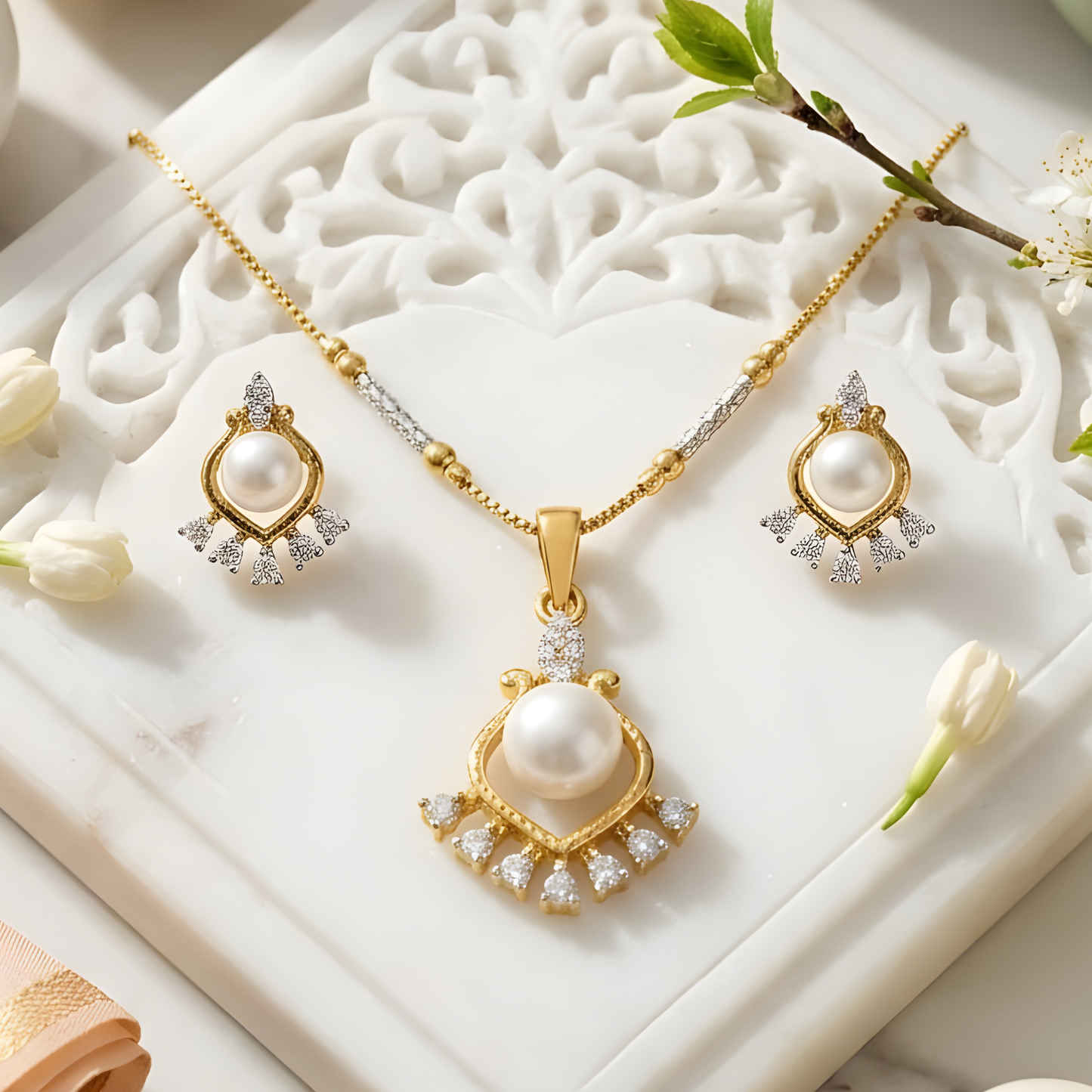 AD Pearl Pendant Necklace Set for Women