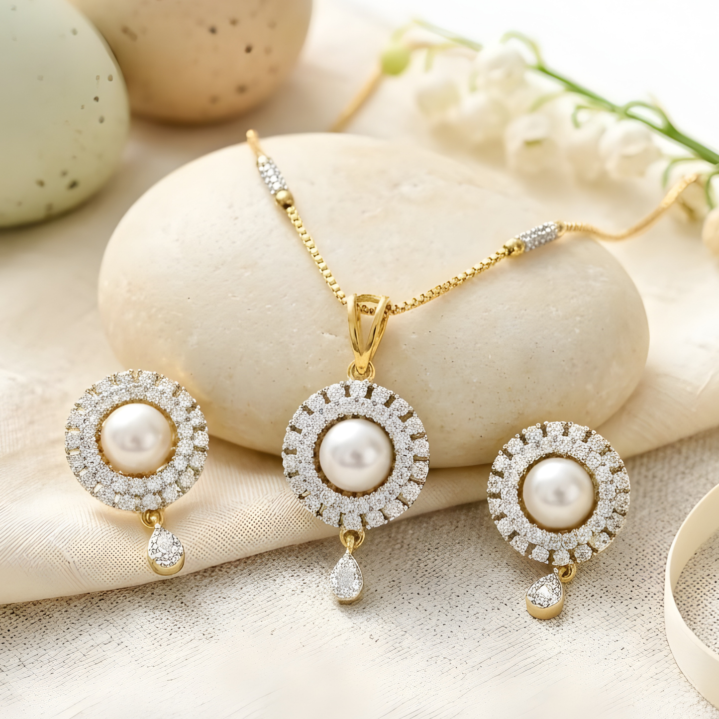 AD Pearl Pendant Necklace Set for Women