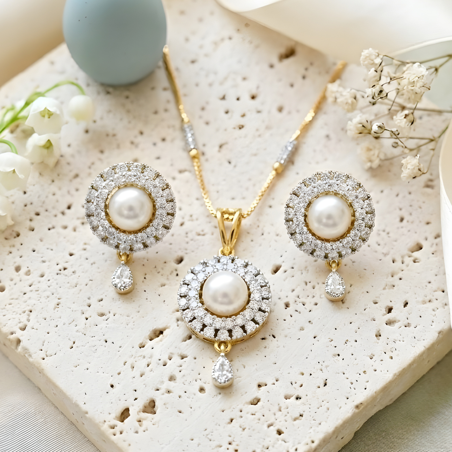 AD Pearl Pendant Necklace Set for Women