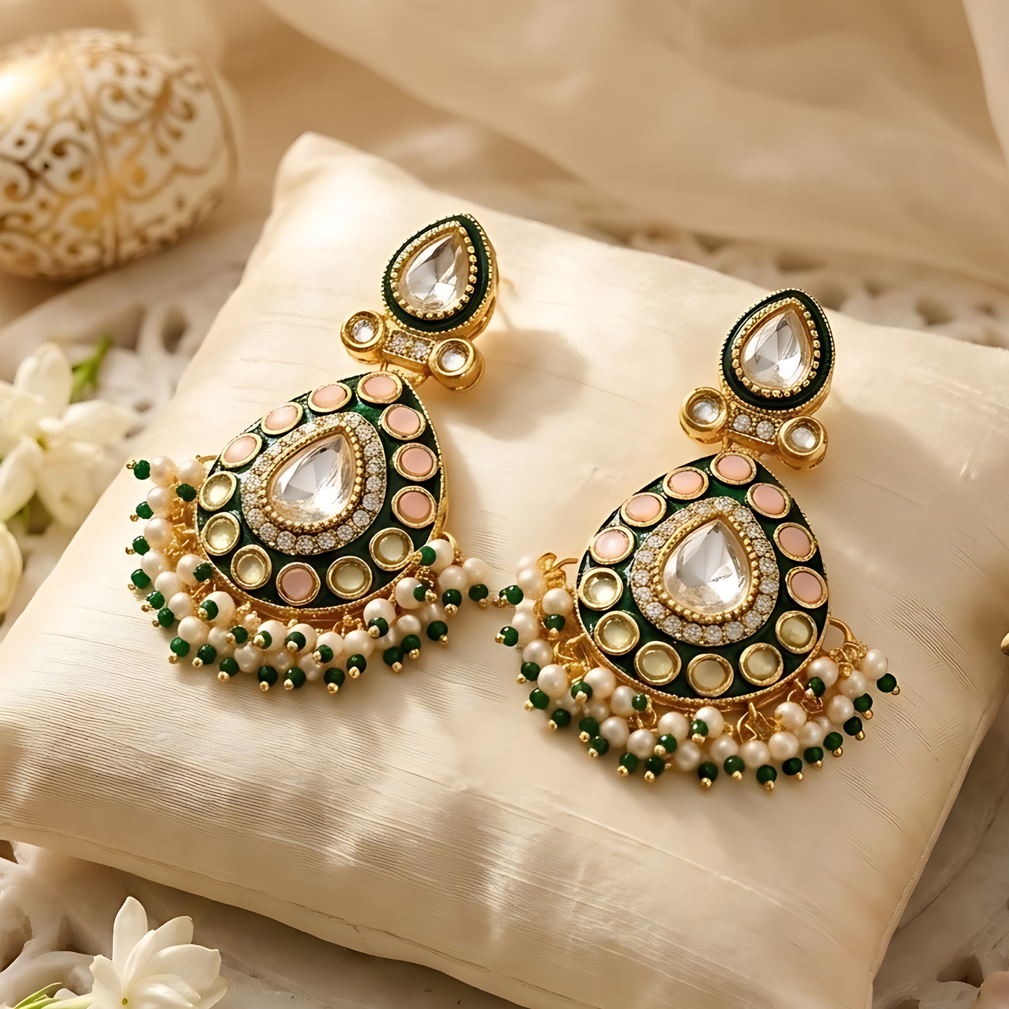 Teardrop Green Meenakari Traditional Earrings