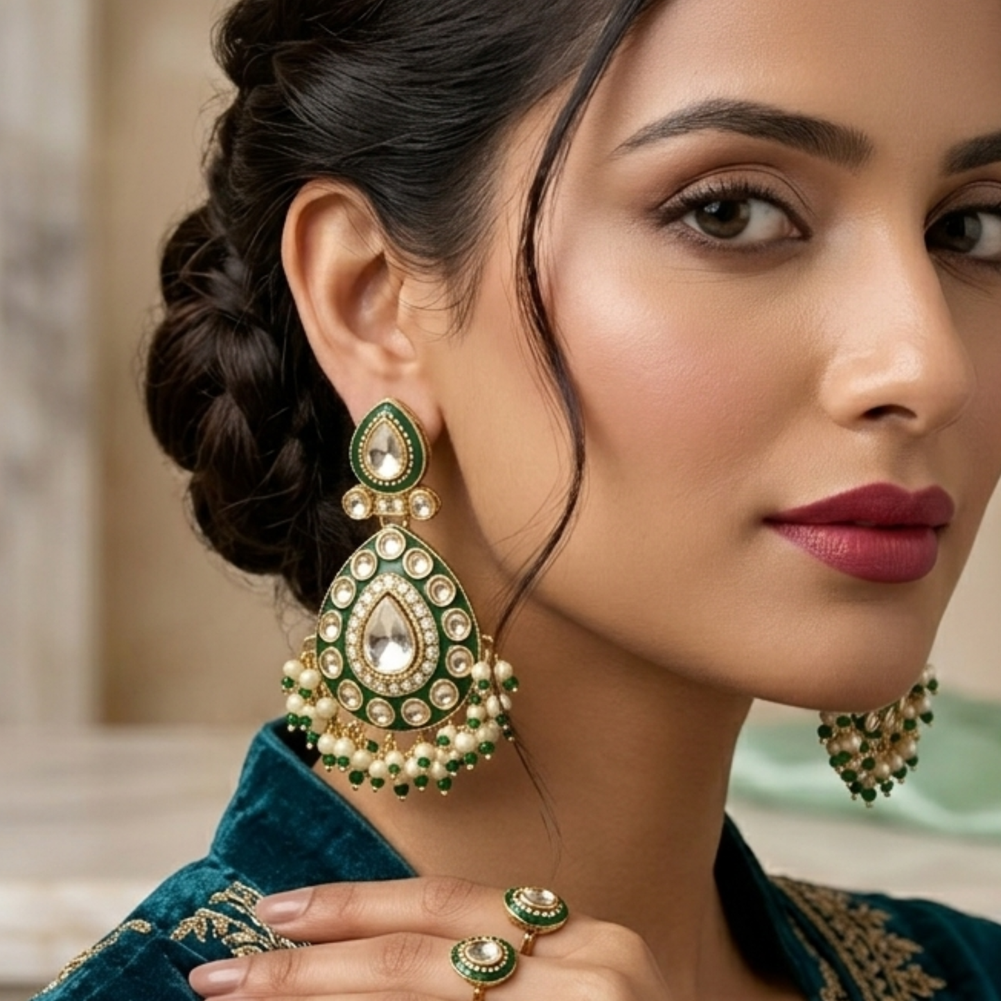 Teardrop Green Meenakari Traditional Earrings