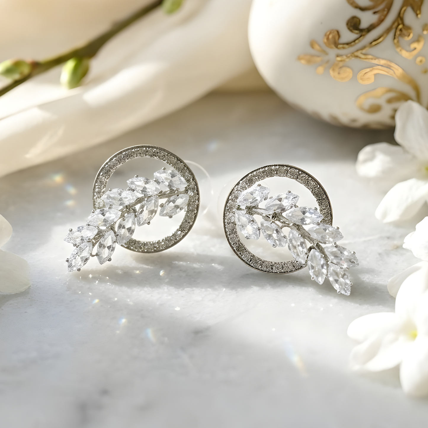 Diamond Leaf Halo Stud Earrings